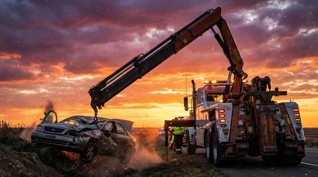 recovery truck with hydraulic crane lifting